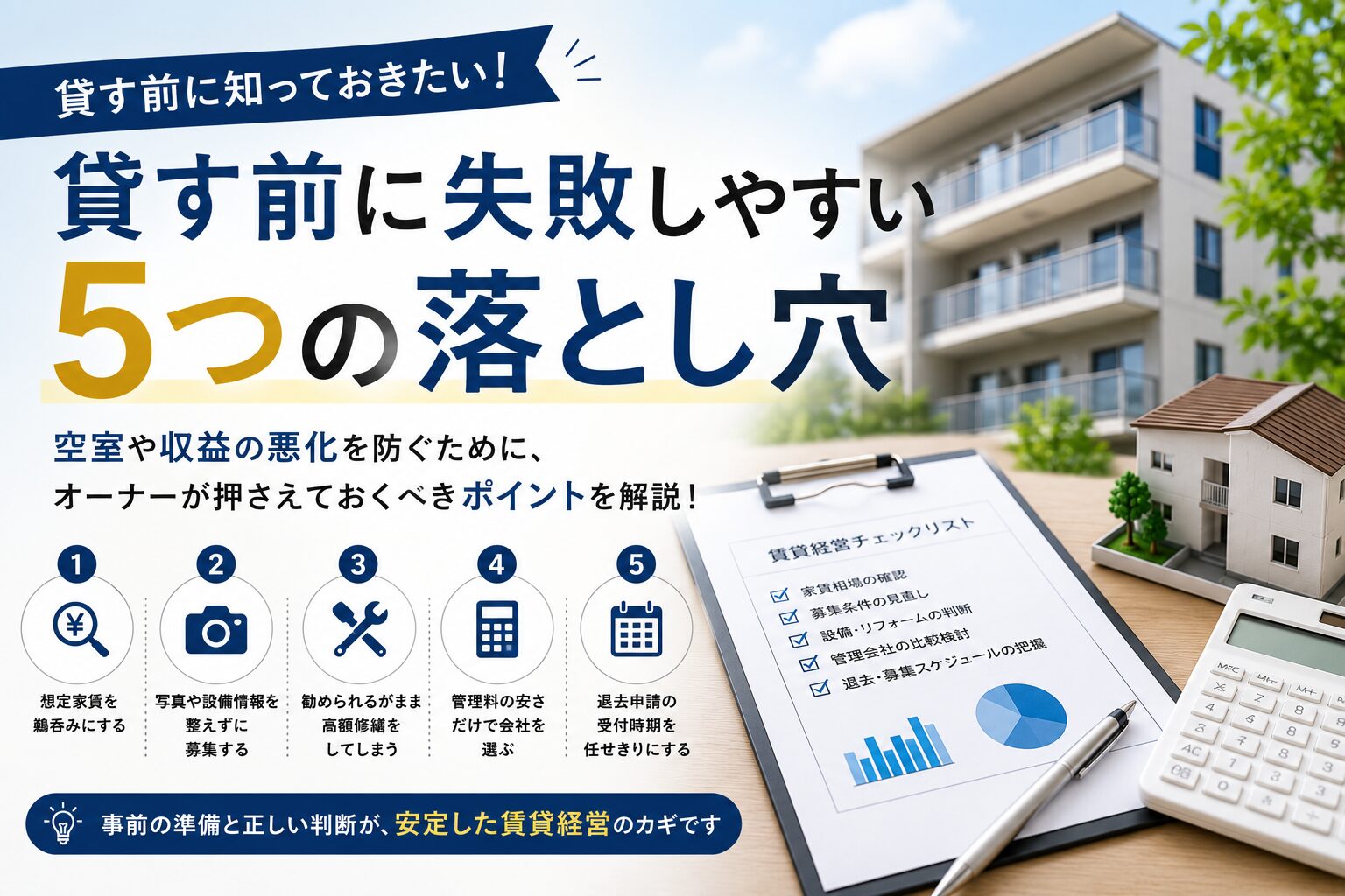 【要注意】物件を貸す前に失敗しやすい5つの落とし穴