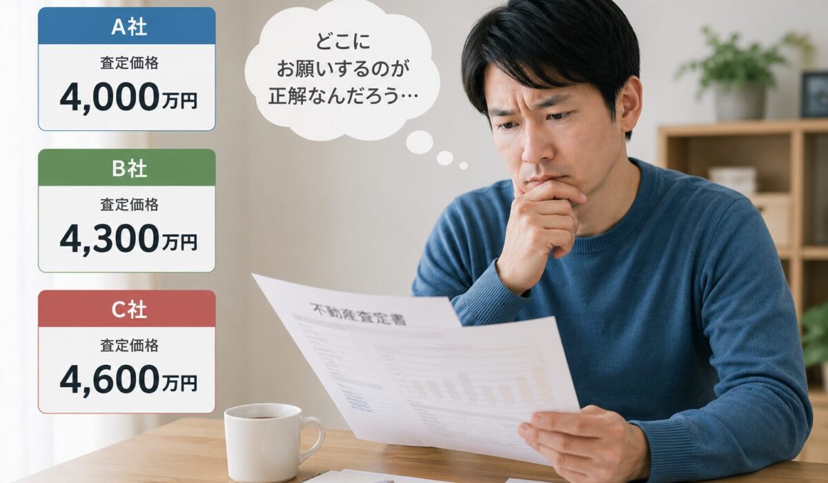 複数の会社に不動産査定を依頼すると、驚くほど金額が違うことがあります。 そうなると、ほとんどの方は「せっかくなら、高く査定してくれた会社に売却をお願いしたい」と考えるはず。 しかし、そこで少し立ち止まってほしいのです。 高額査定に惹かれて契約したものの、数か月後に「この価格では難しいですね」と値下げを勧められ、当初の査定額とかけ離れた金額で売却するケースもあります。 後悔のない売却のために、まずは不動産査定の仕組みを知ることから始めましょう。 「一番高い査定額」に惹かれる前に知っておきたいこと 「複数の会社に査定を依頼したら、提示金額がバラバラ。どこに任せればよいのか迷ってしまう。」 まずは、売主側の立場でよくあるケースを紹介します。 3社に依頼したら査定金額がバラバラ 3社に査定を依頼したら、それぞれ違う価格を伝えられました。 A社:4,000万円 B社:4,300万円 C社:4,600万円 特に、一括査定サイトなどを経由すると、査定結果が違うことはよくある話です。 中間のB社が無難に思える一方で、「高く売ってくれるかも」と4,600万円を提示した会社が気になってしまいませんか? 査定額は「この金額で売れる」という約束ではない ここで知っておいてほしいのは、査定額は「この金額で売れます」という約束ではないということです。 実は、不動産会社の中には、自社に売却活動を任せてもらうために、あえて強気の査定額を提示する会社があります。 不動産会社は、売却を任せてもらわなければ収益につながりません。そのため、複数社を比較している場面では、特にこのような高額査定に遭遇する方が多いようです。 「今は高く売りやすいタイミングです」「専任媒介契約をしましょう」――もし契約を急がせてきたら、少し注意するようにしてください。 そもそも不動産に「正解の価格」はない 「同じ家なのに、なぜこんなに差がつくの?」査定額を見比べたとき、多くの人がまず抱く疑問です。 不動産の価格には「これが正解」という一つの答えがなく、会社によって査定に対する考え方が異なります。 一物四価という考え方 同じ土地・建物でも、何のために価格を見るかによって、基準となる金額が変わってきます。不動産業界ではこれを「一物四価(いちぶつよんか)」と呼びます。 価格の種類 概要 実勢価格 実際に市場で売買されている価格。仲介の査定で最も重視される 公示地価 国土交通省が毎年公表。一般的な土地取引の目安 路線価 国税庁が公表。相続税・贈与税の計算に使われる 固定資産税評価額 市区町村が固定資産税を算出するための価格 査定会社が見ているのは「実勢価格」 「路線価はそこそこ高いのに、査定額はなぜもっと低いんだろう」 そう感じる方もいますが、不動産会社が査定で見ているのは「実勢価格」です。 近くで実際に売れた事例 今売り出されている競合物件 立地 面積 間取り 築年数 こうした情報を踏まえて、「いま市場に出したらいくらで売れそうか」を判断しています。 会社によって違う「査定への向き合い方」 とはいえ、査定額に差が出る理由は、これだけではありません。 会社ごとに、査定への向き合い方そのものが違うのです。 過去の成約事例を重視する会社 あえて高めの価格から売り出す会社 とにかく早く売ることを優先する会社 考え方が違えば、同じ家でも数百万円の差がつくことがあります。 売主との信頼関係を大切にして現実的な価格を提示する会社もあれば、高めの価格からスタートする会社もあるのです。 ここで売主が見極めたいのは、一番高い査定額を出した会社が、本当にその価格で売れると踏んでいるのかということです。 仲介の査定額はあくまで「予想」 不動産の査定額を見るうえで、ぜひ知っておきたいのが「買取」と「仲介」の違いです。 同じ「査定」でも、その意味合いは大きく異なります。 車の買取査定との違い 車の買取査定は、「この金額で下取りします」という意味合いが強く、実際にその価格で取引されることがほとんどです。 不動産でも、不動産会社が直接買い取る「買取」の場合は、基本的に同じです。 一方で、一般的な売却方法である「仲介」は違います。仲介の場合、不動産会社が出している価格は、「このくらいで売れるかもしれません」という予想です。 何となく金額を決めているわけではありません。過去に近くで売れた物件の価格や、今まさに売りに出ている競合物件、築年数、間取りなど、さまざまな要素をもとに査定額を算出しています。 査定額どおりに売れるとは限らない ただ、最終的にいくらで売れるかは、売り出すタイミングや購入希望者との出会い次第です。 つまり、4,600万円の査定が出ても、実際には4,200万円でしか売れないこともあります。 実は多くの人が経験している「査定額との差」 「査定額どおりに売れなかった」——そんな声は、実はかなり多く聞かれます。 民間のアンケート調査でも、「査定額と実際の売却価格に差があった」「価格差に納得できていない」と答えている方が多くいます。 問題は、その差に納得できないまま、売却が終わってしまうケースがあることです。 反響ゼロのまま数か月が過ぎてしまう 「一番高い査定額を出してくれた会社だから、きっと高く売ってくれる」 そう期待して契約したのに、数か月経っても問い合わせが一件も入らない。弊社でも、ご相談に来られたお客様からそんな話をよく耳にします。 そして最終的に、大幅な値下げを提案される。 「ここまで待ったのだから、今さら他社に頼み直せない」と感じてしまう方もいますが、販売方針に不安がある場合には、依頼先を変更することも考えてみましょう。 売却が長引くことで生じる負担 売却が長引けば、その間の固定資産税や管理費は払い続けることになります。 区分マンションを所有している方であれば、駐車場代と合わせて毎月5万円以上支払っている方もいるでしょう。 住み替えを考えている人なら、新居のスケジュールにも響いてくるでしょう。 また、「いつ売れるのだろう」「このまま待つべきなのか」と、精神的な負担を感じる方も少なくありません。 本当に見るべき査定時のチェックポイント 不動産売却では、査定額だけを見るのではなく、次のような点もチェックしてみましょう。 不動産査定を受ける際のチェックポイント 周辺で実際に売れた事例を見せてくれたか なぜその査定額になるのか、根拠を説明してくれたか どれくらいの期間で売れる想定なのか 値下げの可能性まで説明してくれたか 良い話だけではなく、デメリットも教えてくれたか 販売方法や広告戦略について説明してくれたか 売れなかった場合の進め方まで説明してくれたか 契約を急がせてこなかったか 査定額は、不動産会社を選ぶための大切な判断材料のひとつです。ただし、本当に見るべきなのは金額そのものではなく、その金額に至った理由や、売却までの道筋をきちんと示してくれる会社かどうかなのです。 まとめ|査定額の高さだけで判断しない 高い査定額を見ると、「この会社なら高く売ってくれそう」と期待するのは当然のことです。 ただ、不動産売却では、査定額が高いことと、実際に高く売れることは必ずしも同じではありません。 「なぜこの価格なのか」「どのような販売戦略を考えているのか」を丁寧に説明してくれる会社であれば、売却が始まってからも安心して相談できるはずです。 当社では、周辺の成約事例や販売スケジュール、考えられるリスクも含めてご説明しています。「査定額に差がありすぎて、どの会社を選べばいいのか分からない」という方は、ぜひ一度ご相談ください。