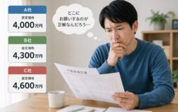 複数の会社に不動産査定を依頼すると、驚くほど金額が違うことがあります。 そうなると、ほとんどの方は「せっかくなら、高く査定してくれた会社に売却をお願いしたい」と考えるはず。 しかし、そこで少し立ち止まってほしいのです。 高額査定に惹かれて契約したものの、数か月後に「この価格では難しいですね」と値下げを勧められ、当初の査定額とかけ離れた金額で売却するケースもあります。 後悔のない売却のために、まずは不動産査定の仕組みを知ることから始めましょう。 「一番高い査定額」に惹かれる前に知っておきたいこと 「複数の会社に査定を依頼したら、提示金額がバラバラ。どこに任せればよいのか迷ってしまう。」 まずは、売主側の立場でよくあるケースを紹介します。 3社に依頼したら査定金額がバラバラ 3社に査定を依頼したら、それぞれ違う価格を伝えられました。 A社：4,000万円 B社：4,300万円 C社：4,600万円 特に、一括査定サイトなどを経由すると、査定結果が違うことはよくある話です。 中間のB社が無難に思える一方で、「高く売ってくれるかも」と4,600万円を提示した会社が気になってしまいませんか？ 査定額は「この金額で売れる」という約束ではない ここで知っておいてほしいのは、査定額は「この金額で売れます」という約束ではないということです。 実は、不動産会社の中には、自社に売却活動を任せてもらうために、あえて強気の査定額を提示する会社があります。 不動産会社は、売却を任せてもらわなければ収益につながりません。そのため、複数社を比較している場面では、特にこのような高額査定に遭遇する方が多いようです。 「今は高く売りやすいタイミングです」「専任媒介契約をしましょう」――もし契約を急がせてきたら、少し注意するようにしてください。 そもそも不動産に「正解の価格」はない 「同じ家なのに、なぜこんなに差がつくの？」査定額を見比べたとき、多くの人がまず抱く疑問です。 不動産の価格には「これが正解」という一つの答えがなく、会社によって査定に対する考え方が異なります。 一物四価という考え方 同じ土地・建物でも、何のために価格を見るかによって、基準となる金額が変わってきます。不動産業界ではこれを「一物四価（いちぶつよんか）」と呼びます。 価格の種類 概要 実勢価格 実際に市場で売買されている価格。仲介の査定で最も重視される 公示地価 国土交通省が毎年公表。一般的な土地取引の目安 路線価 国税庁が公表。相続税・贈与税の計算に使われる 固定資産税評価額 市区町村が固定資産税を算出するための価格 査定会社が見ているのは「実勢価格」 「路線価はそこそこ高いのに、査定額はなぜもっと低いんだろう」 そう感じる方もいますが、不動産会社が査定で見ているのは「実勢価格」です。 近くで実際に売れた事例 今売り出されている競合物件 立地 面積 間取り 築年数 こうした情報を踏まえて、「いま市場に出したらいくらで売れそうか」を判断しています。 会社によって違う「査定への向き合い方」 とはいえ、査定額に差が出る理由は、これだけではありません。 会社ごとに、査定への向き合い方そのものが違うのです。 過去の成約事例を重視する会社 あえて高めの価格から売り出す会社 とにかく早く売ることを優先する会社 考え方が違えば、同じ家でも数百万円の差がつくことがあります。 売主との信頼関係を大切にして現実的な価格を提示する会社もあれば、高めの価格からスタートする会社もあるのです。 ここで売主が見極めたいのは、一番高い査定額を出した会社が、本当にその価格で売れると踏んでいるのかということです。 仲介の査定額はあくまで「予想」 不動産の査定額を見るうえで、ぜひ知っておきたいのが「買取」と「仲介」の違いです。 同じ「査定」でも、その意味合いは大きく異なります。 車の買取査定との違い 車の買取査定は、「この金額で下取りします」という意味合いが強く、実際にその価格で取引されることがほとんどです。 不動産でも、不動産会社が直接買い取る「買取」の場合は、基本的に同じです。 一方で、一般的な売却方法である「仲介」は違います。仲介の場合、不動産会社が出している価格は、「このくらいで売れるかもしれません」という予想です。 何となく金額を決めているわけではありません。過去に近くで売れた物件の価格や、今まさに売りに出ている競合物件、築年数、間取りなど、さまざまな要素をもとに査定額を算出しています。 査定額どおりに売れるとは限らない ただ、最終的にいくらで売れるかは、売り出すタイミングや購入希望者との出会い次第です。 つまり、4,600万円の査定が出ても、実際には4,200万円でしか売れないこともあります。 実は多くの人が経験している「査定額との差」 「査定額どおりに売れなかった」——そんな声は、実はかなり多く聞かれます。 民間のアンケート調査でも、「査定額と実際の売却価格に差があった」「価格差に納得できていない」と答えている方が多くいます。 問題は、その差に納得できないまま、売却が終わってしまうケースがあることです。 反響ゼロのまま数か月が過ぎてしまう 「一番高い査定額を出してくれた会社だから、きっと高く売ってくれる」 そう期待して契約したのに、数か月経っても問い合わせが一件も入らない。弊社でも、ご相談に来られたお客様からそんな話をよく耳にします。 そして最終的に、大幅な値下げを提案される。 「ここまで待ったのだから、今さら他社に頼み直せない」と感じてしまう方もいますが、販売方針に不安がある場合には、依頼先を変更することも考えてみましょう。 売却が長引くことで生じる負担 売却が長引けば、その間の固定資産税や管理費は払い続けることになります。 区分マンションを所有している方であれば、駐車場代と合わせて毎月5万円以上支払っている方もいるでしょう。 住み替えを考えている人なら、新居のスケジュールにも響いてくるでしょう。 また、「いつ売れるのだろう」「このまま待つべきなのか」と、精神的な負担を感じる方も少なくありません。 本当に見るべき査定時のチェックポイント 不動産売却では、査定額だけを見るのではなく、次のような点もチェックしてみましょう。 不動産査定を受ける際のチェックポイント 周辺で実際に売れた事例を見せてくれたか なぜその査定額になるのか、根拠を説明してくれたか どれくらいの期間で売れる想定なのか 値下げの可能性まで説明してくれたか 良い話だけではなく、デメリットも教えてくれたか 販売方法や広告戦略について説明してくれたか 売れなかった場合の進め方まで説明してくれたか 契約を急がせてこなかったか 査定額は、不動産会社を選ぶための大切な判断材料のひとつです。ただし、本当に見るべきなのは金額そのものではなく、その金額に至った理由や、売却までの道筋をきちんと示してくれる会社かどうかなのです。 まとめ｜査定額の高さだけで判断しない 高い査定額を見ると、「この会社なら高く売ってくれそう」と期待するのは当然のことです。 ただ、不動産売却では、査定額が高いことと、実際に高く売れることは必ずしも同じではありません。 「なぜこの価格なのか」「どのような販売戦略を考えているのか」を丁寧に説明してくれる会社であれば、売却が始まってからも安心して相談できるはずです。 当社では、周辺の成約事例や販売スケジュール、考えられるリスクも含めてご説明しています。「査定額に差がありすぎて、どの会社を選べばいいのか分からない」という方は、ぜひ一度ご相談ください。