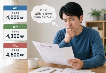 複数の会社に不動産査定を依頼すると、驚くほど金額が違うことがあります。 そうなると、ほとんどの方は「せっかくなら、高く査定してくれた会社に売却をお願いしたい」と考えるはず。 しかし、そこで少し立ち止まってほしいのです。 高額査定に惹かれて契約したものの、数か月後に「この価格では難しいですね」と値下げを勧められ、当初の査定額とかけ離れた金額で売却するケースもあります。 後悔のない売却のために、まずは不動産査定の仕組みを知ることから始めましょう。 「一番高い査定額」に惹かれる前に知っておきたいこと 「複数の会社に査定を依頼したら、提示金額がバラバラ。どこに任せればよいのか迷ってしまう。」 まずは、売主側の立場でよくあるケースを紹介します。 3社に依頼したら査定金額がバラバラ 3社に査定を依頼したら、それぞれ違う価格を伝えられました。 A社：4,000万円 B社：4,300万円 C社：4,600万円 特に、一括査定サイトなどを経由すると、査定結果が違うことはよくある話です。 中間のB社が無難に思える一方で、「高く売ってくれるかも」と4,600万円を提示した会社が気になってしまいませんか？ 査定額は「この金額で売れる」という約束ではない ここで知っておいてほしいのは、査定額は「この金額で売れます」という約束ではないということです。 実は、不動産会社の中には、自社に売却活動を任せてもらうために、あえて強気の査定額を提示する会社があります。 不動産会社は、売却を任せてもらわなければ収益につながりません。そのため、複数社を比較している場面では、特にこのような高額査定に遭遇する方が多いようです。 「今は高く売りやすいタイミングです」「専任媒介契約をしましょう」――もし契約を急がせてきたら、少し注意するようにしてください。 そもそも不動産に「正解の価格」はない 「同じ家なのに、なぜこんなに差がつくの？」査定額を見比べたとき、多くの人がまず抱く疑問です。 不動産の価格には「これが正解」という一つの答えがなく、会社によって査定に対する考え方が異なります。 一物四価という考え方 同じ土地・建物でも、何のために価格を見るかによって、基準となる金額が変わってきます。不動産業界ではこれを「一物四価（いちぶつよんか）」と呼びます。 価格の種類 概要 実勢価格 実際に市場で売買されている価格。仲介の査定で最も重視される 公示地価 国土交通省が毎年公表。一般的な土地取引の目安 路線価 国税庁が公表。相続税・贈与税の計算に使われる 固定資産税評価額 市区町村が固定資産税を算出するための価格 査定会社が見ているのは「実勢価格」 「路線価はそこそこ高いのに、査定額はなぜもっと低いんだろう」 そう感じる方もいますが、不動産会社が査定で見ているのは「実勢価格」です。 近くで実際に売れた事例 今売り出されている競合物件 立地 面積 間取り 築年数 こうした情報を踏まえて、「いま市場に出したらいくらで売れそうか」を判断しています。 会社によって違う「査定への向き合い方」 とはいえ、査定額に差が出る理由は、これだけではありません。 会社ごとに、査定への向き合い方そのものが違うのです。 過去の成約事例を重視する会社 あえて高めの価格から売り出す会社 とにかく早く売ることを優先する会社 考え方が違えば、同じ家でも数百万円の差がつくことがあります。 売主との信頼関係を大切にして現実的な価格を提示する会社もあれば、高めの価格からスタートする会社もあるのです。 ここで売主が見極めたいのは、一番高い査定額を出した会社が、本当にその価格で売れると踏んでいるのかということです。 仲介の査定額はあくまで「予想」 不動産の査定額を見るうえで、ぜひ知っておきたいのが「買取」と「仲介」の違いです。 同じ「査定」でも、その意味合いは大きく異なります。 車の買取査定との違い 車の買取査定は、「この金額で下取りします」という意味合いが強く、実際にその価格で取引されることがほとんどです。 不動産でも、不動産会社が直接買い取る「買取」の場合は、基本的に同じです。 一方で、一般的な売却方法である「仲介」は違います。仲介の場合、不動産会社が出している価格は、「このくらいで売れるかもしれません」という予想です。 何となく金額を決めているわけではありません。過去に近くで売れた物件の価格や、今まさに売りに出ている競合物件、築年数、間取りなど、さまざまな要素をもとに査定額を算出しています。 査定額どおりに売れるとは限らない ただ、最終的にいくらで売れるかは、売り出すタイミングや購入希望者との出会い次第です。 つまり、4,600万円の査定が出ても、実際には4,200万円でしか売れないこともあります。 実は多くの人が経験している「査定額との差」 「査定額どおりに売れなかった」——そんな声は、実はかなり多く聞かれます。 民間のアンケート調査でも、「査定額と実際の売却価格に差があった」「価格差に納得できていない」と答えている方が多くいます。 問題は、その差に納得できないまま、売却が終わってしまうケースがあることです。 反響ゼロのまま数か月が過ぎてしまう 「一番高い査定額を出してくれた会社だから、きっと高く売ってくれる」 そう期待して契約したのに、数か月経っても問い合わせが一件も入らない。弊社でも、ご相談に来られたお客様からそんな話をよく耳にします。 そして最終的に、大幅な値下げを提案される。 「ここまで待ったのだから、今さら他社に頼み直せない」と感じてしまう方もいますが、販売方針に不安がある場合には、依頼先を変更することも考えてみましょう。 売却が長引くことで生じる負担 売却が長引けば、その間の固定資産税や管理費は払い続けることになります。 区分マンションを所有している方であれば、駐車場代と合わせて毎月5万円以上支払っている方もいるでしょう。 住み替えを考えている人なら、新居のスケジュールにも響いてくるでしょう。 また、「いつ売れるのだろう」「このまま待つべきなのか」と、精神的な負担を感じる方も少なくありません。 本当に見るべき査定時のチェックポイント 不動産売却では、査定額だけを見るのではなく、次のような点もチェックしてみましょう。 不動産査定を受ける際のチェックポイント 周辺で実際に売れた事例を見せてくれたか なぜその査定額になるのか、根拠を説明してくれたか どれくらいの期間で売れる想定なのか 値下げの可能性まで説明してくれたか 良い話だけではなく、デメリットも教えてくれたか 販売方法や広告戦略について説明してくれたか 売れなかった場合の進め方まで説明してくれたか 契約を急がせてこなかったか 査定額は、不動産会社を選ぶための大切な判断材料のひとつです。ただし、本当に見るべきなのは金額そのものではなく、その金額に至った理由や、売却までの道筋をきちんと示してくれる会社かどうかなのです。 まとめ｜査定額の高さだけで判断しない 高い査定額を見ると、「この会社なら高く売ってくれそう」と期待するのは当然のことです。 ただ、不動産売却では、査定額が高いことと、実際に高く売れることは必ずしも同じではありません。 「なぜこの価格なのか」「どのような販売戦略を考えているのか」を丁寧に説明してくれる会社であれば、売却が始まってからも安心して相談できるはずです。 当社では、周辺の成約事例や販売スケジュール、考えられるリスクも含めてご説明しています。「査定額に差がありすぎて、どの会社を選べばいいのか分からない」という方は、ぜひ一度ご相談ください。